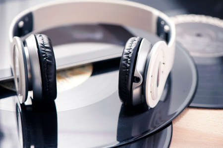 Vinyl record player headphones and tablet. Music conceptの写真素材
