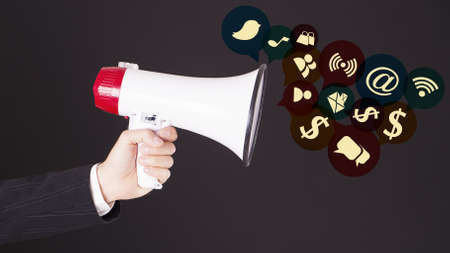 Megaphone With web icons Social media. Shopping Concept
