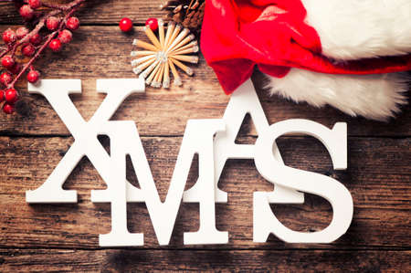 Christmas decorations on a wood backgroundの写真素材