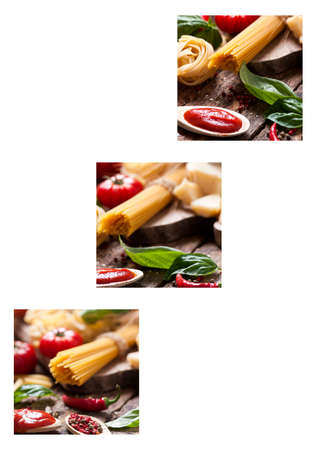 Collage of pasta and fresh vegetablesの写真素材