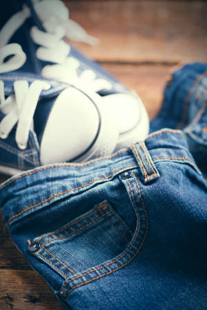 sneakers and blue jeansの写真素材
