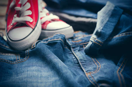 sneakers and blue jeansの写真素材