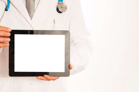 Doctor holding blank digital tablet isolated on white background