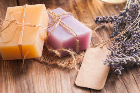 bar soap and lavender flowersの写真素材