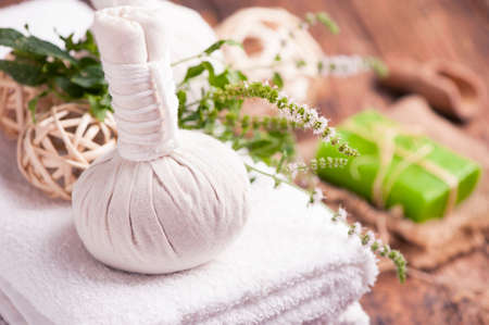 herbal compress balls for spa treatmentの写真素材