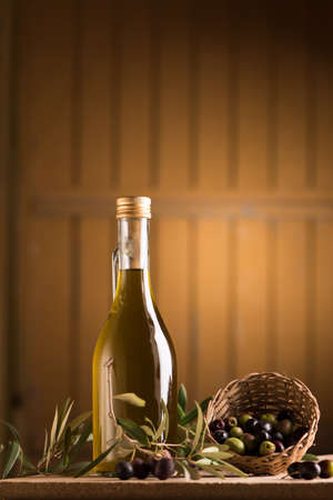 Olive Oil And Olive Sprig With Green Olivesの写真素材