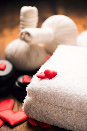 Valentine day. Wellness decoration on wooden tableの写真素材