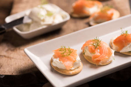 Smoked Salmon and soft chees canapes appetizersの写真素材
