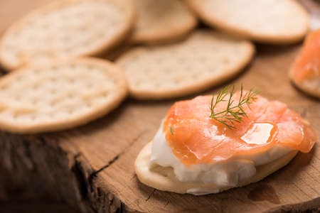 Smoked Salmon and soft chees canapes appetizersの写真素材