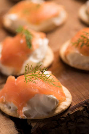 Smoked Salmon and soft chees canapes appetizersの写真素材