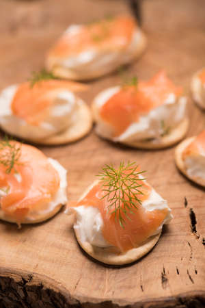 Smoked Salmon and soft chees canapes appetizersの写真素材