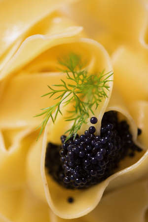 caviar pasta tagliatelle on a white dish. Close upの写真素材