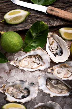 Oysters on crushed ice close up