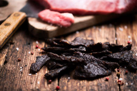 Beef Jerky on wooden background