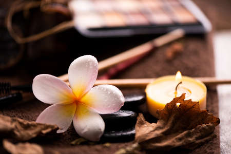 spa setting wirh make up on towelの写真素材
