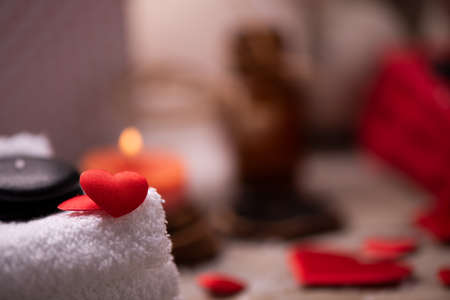 Wellness docoration on valentine's day with candels and stonesの写真素材