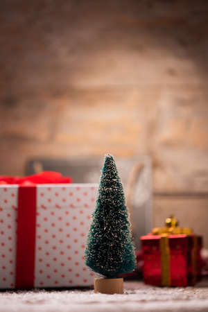 Christmas time boxes goft on a table.Christmas gift conceptの写真素材