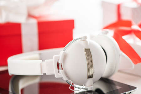 Tablet and headphone best Christmas gifts. Christmas shopping ideasの写真素材