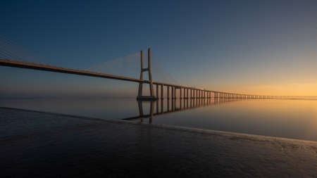 Long exposure of Vasco de Gama Bridge, Lisbon, Portugalの写真素材