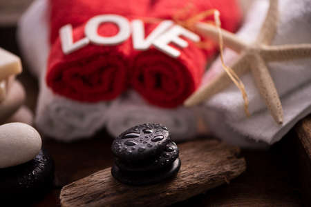 Wellness docoration on valentine's day with towels and stones. Love Conceptの写真素材