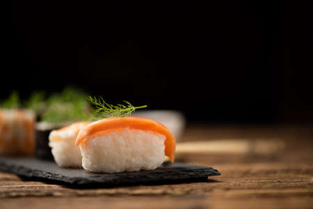 Traditional Japanese sushi on a plate close upの写真素材