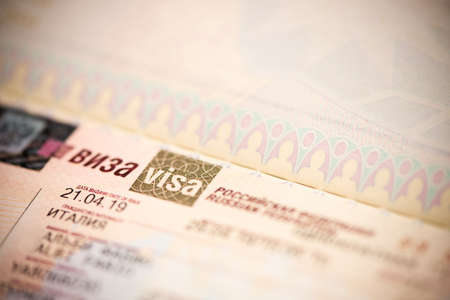 Close up of a fragment of a visa of the Russian Federation in the passportの写真素材