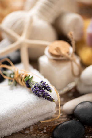 Spa still life with lavender salt and towelsの写真素材