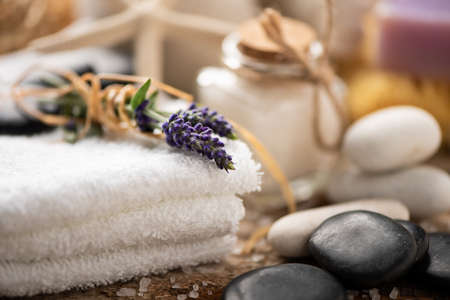 Spa still life with lavender salt and towelsの写真素材