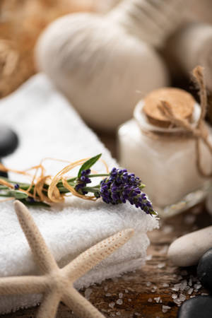 Spa still life with lavender salt and towelsの写真素材