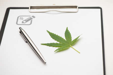 Medical marijuana prescription with stethoscope . CloseUp.
