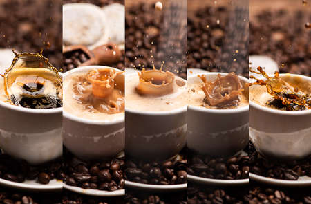 Collage of a coffee splash in a cup. Roasted, espresso close upの写真素材