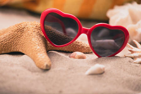 Sunglasses sand with seashells, starfish and sunglasses.の写真素材