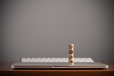 Website and Internet contact us page concept with Cube wood icons. Close upの写真素材