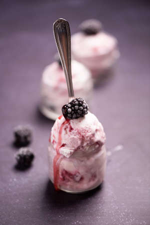 Blueberry and blackberry ice cream in bowl with frozen fruits close upの写真素材