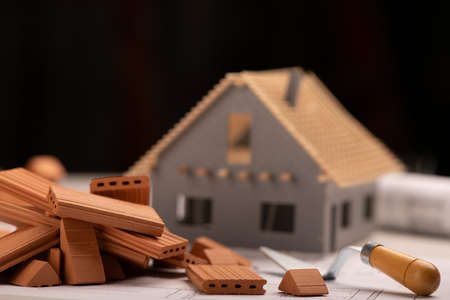 Bicks and project for construction industry. Building house concept