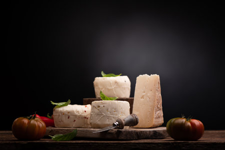 Tipical Sicilian cheeses on a black background with a place for textの写真素材