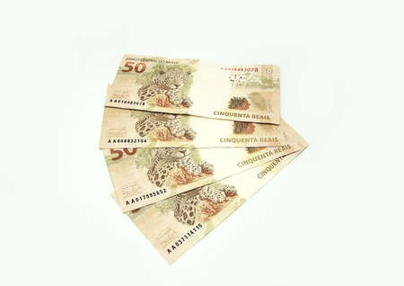 jaguar (panthera onca) on 50 Real banknote from brazil の写真素材