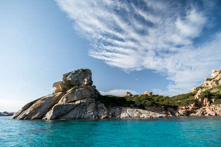 Archipelago of La Maddalena National Park. Seascape, Spargi island, Cala Corsara locality where there is the famous rock "Head of the witch"の写真素材