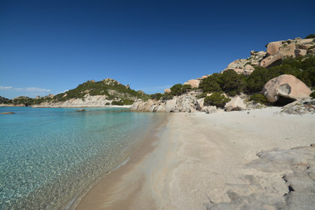 Archipelago of La Maddalena National Park. Seascape, Spargi island, Cala Corsara locality where there is the famous rock "Head of the witch"の写真素材