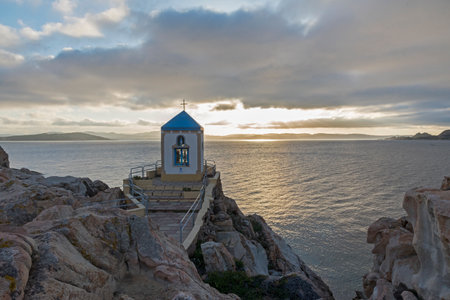 Sunset at the Church of St. John the Baptist in Lindos, Rhodes, Greeceの写真素材