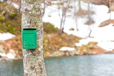 old letter box hanging from a tree by the lakeの写真素材