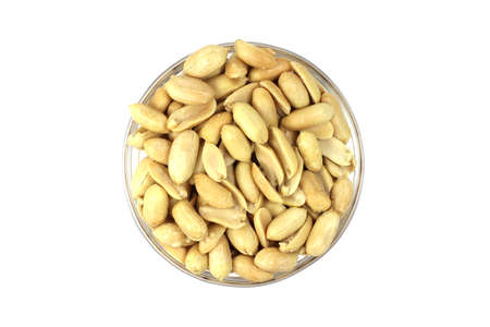 peanuts in a glass container on white background