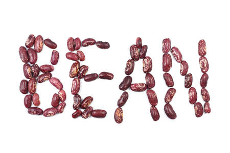 beans laid out word of beans on white backgroundの写真素材