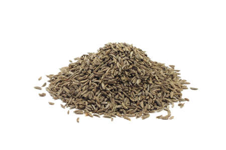 a handful of cumin seeds on a white backgroundの写真素材