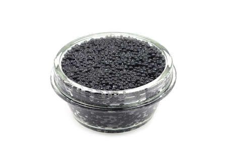 Jar of black caviar on a white backgroundの写真素材