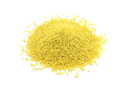 Handful of yellow wheat on a white backgroundの写真素材