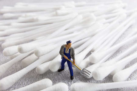 The little man is managing his cotton bud.の写真素材