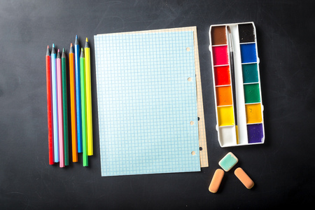 Watercolor paints set with brushes and paper sheet
