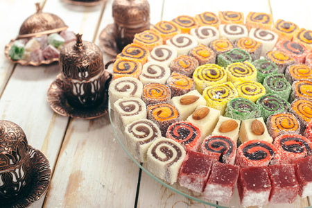 traditional eastern desserts on wooden backgroundの写真素材
