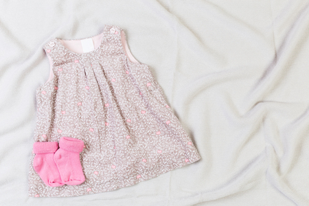 set of fashion trendy clothes and kids stuff for little baby girlの写真素材